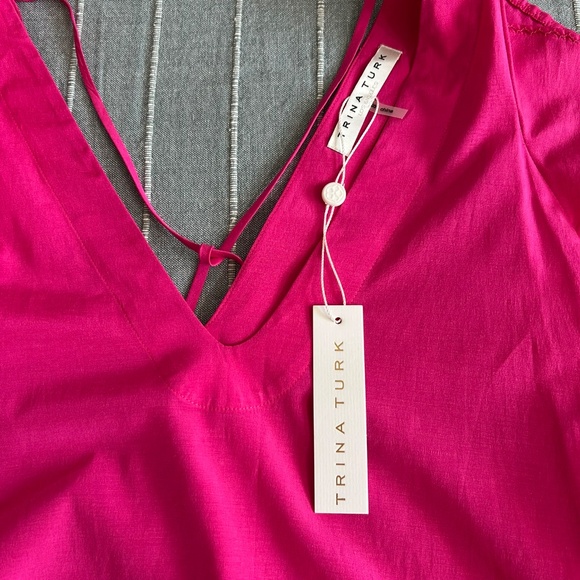 Trina Turk Bright Pink Cancun Ruffled Silk Cotton Smocked Top Sz.S New With Tags - Picture 7 of 9